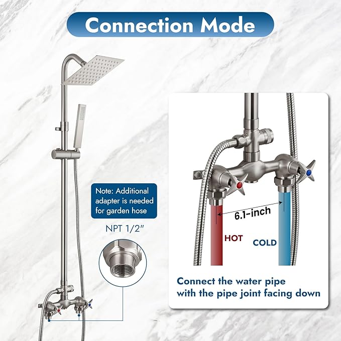 Wall Mounted Outdoor Shower Set Brushed Nickel 6 Inch Square Rainfall Shower Head with Hand Held Spray Double Cross Handles with Adjustable Slide Bar Exterior Dual Function Shower Kit
