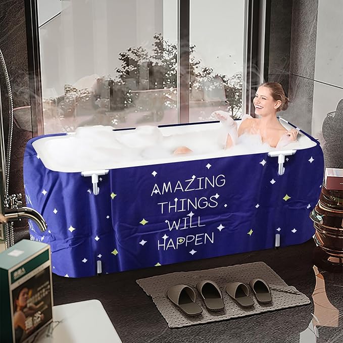 ptlsy Ice Bath Tub for Adults, Large Portable Bathtub for Adult, Folding Japanese Soaking Bath Tub Fit for Cold Warm Spa Indoor & Outdoor (Blue Large)