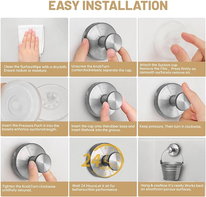 4Pcs New Model No-Drill Suction Cup Hooks for Door Wreaths, Wreath Hangers for Front Door, Suction Cup Hooks for Shower, Removable, Waterproof & Rustproof (Silver)