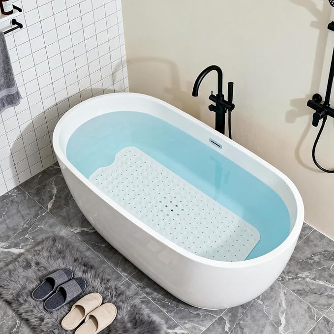 Anti-Slip Bathtub Shower mat, 39.3×15.7 inch（Approximately 100 × 40cm） Soft Oversized Machine Washable Non-Slip Bathtub mat with Drainage Holes, Bathroom Floor Suction Cup.（1-Opaque White）