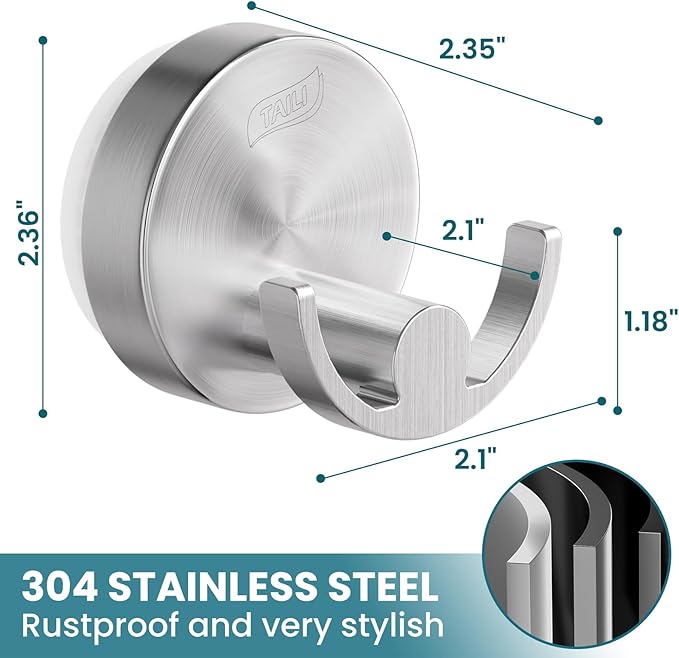 TAILI Stylish 304 Stainless Steel Bathroom Suction Hooks for Towel, Bathrobe, Loofah, No Damage Hanging Glass Shower Wall Hook, Patented Strong Suction Cup Holder, Hold Up to 11 Lbs, U-Cylinder Silver