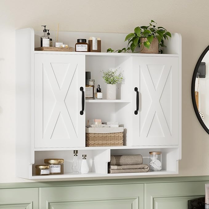 White Bathroom Wall Cabinet, Wall Mount Storage Cabinet, Floating Medicine Cabinet with 4 Open Shelves and 6 Deep Cabinets Over The Toilet for Laundry Room, Kitchen