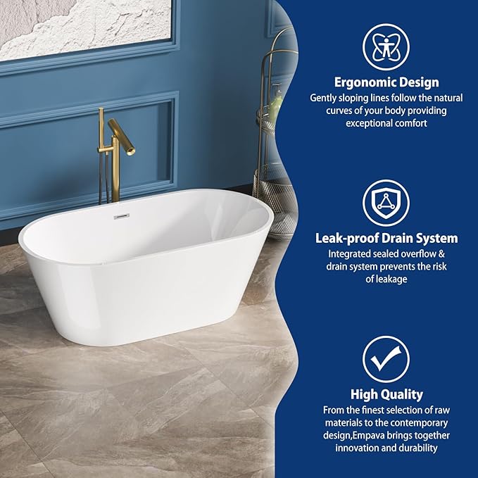 Sarlai 59 Inch Acrylic Freestanding Soaking Bathtub Contemporary Soaking White Tub Stand Alone Ergonomic Bathtub with Gold Drain