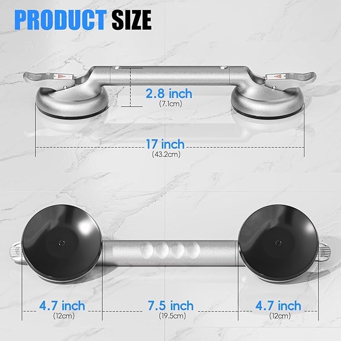 SPECILITE 17 Inch Grab Bars for Bathtubs and Showers, Seniors Handles for Elderly Strong Suction Handicap Safety Handrail for Bathroom Toilet Tiles Glass Gray Silver