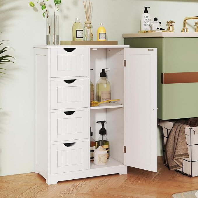 Tangkula Bathroom Floor Cabinet, Freestanding Storage Cabinet with 4 Drawers & Single Door, Adjustable Shelf, Multipurpose Bathroom Storage for Home Office, 21.5 x 12 x 32.5 Inches (White)