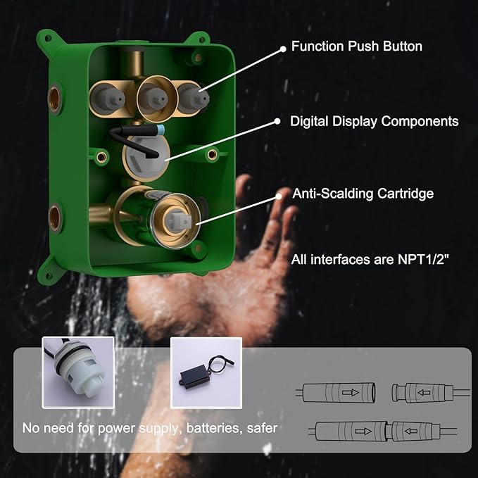 Polished Chrome Shower System Temperature Display Shower Set, Push Button Shower Faucet with 2 Rainfall Shower Head(12+8"), with Handheld Shower