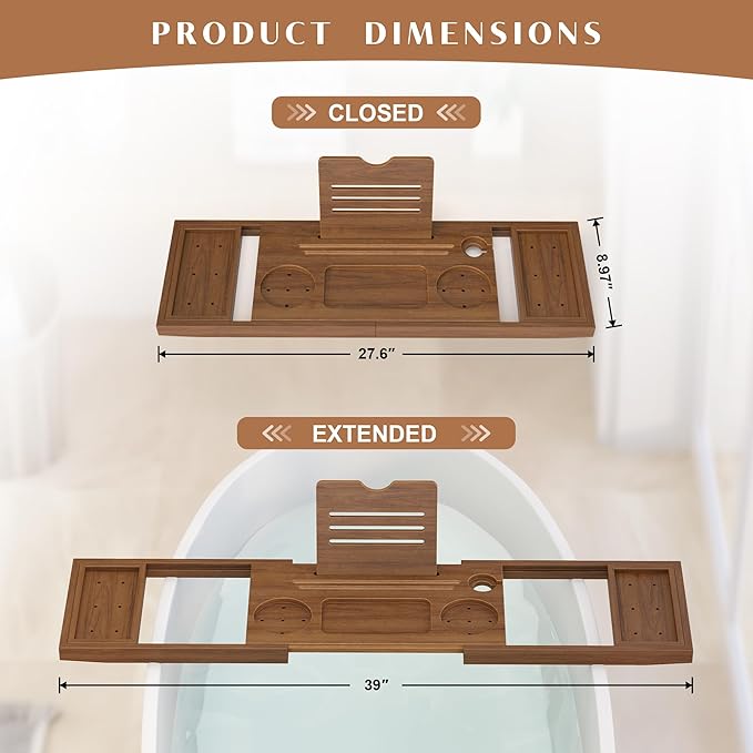 Teak Bathtub Tray, Expandable Wooden Bath Tray for Tub, Luxury Bath Caddy for Bathtub, Birthday & Wedding for Couple Bridal Shower Present, House Warming Gifts New Home