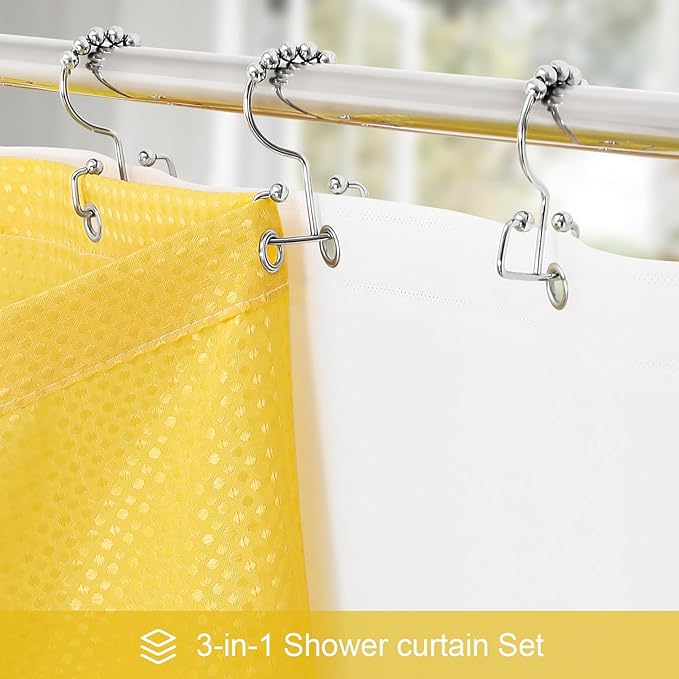 3 in 1 Shower Curtain Set, Yellow Waffle Shower Curtain and PEVA Liner Set with 12 Stainless Steel Shower Curtain Hooks, Waterproof Shower Curtains for Bathroom, 72 W x 72 H