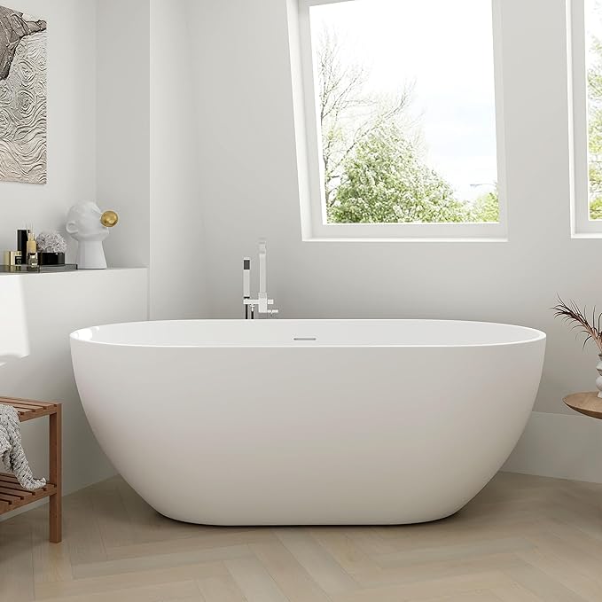 SJ STAR&JANE 59" Solid Surface Freestanding Bathtub, Matte White Oval Soaking Stone Resin Tub with Overflow and Pop-up Drain for Modern Bathrooms