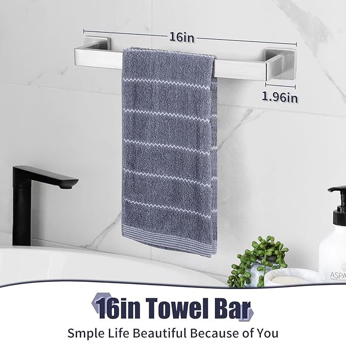 16 in Matte Bathroom Accessories Set, Bath Towel Bar Set, Stainless Steel Bathroom Hardware Set, Towel Racks for Bathroom Wall Mounted 5 Pcs（Silvery）