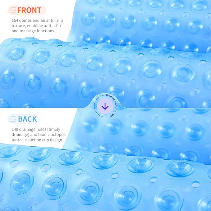 Anti-Slip Bathtub Shower mat, 20.8×20.8（Approximately 53×53cm） inch Soft Oversized Machine Washable Non-Slip Bathtub mat with Drainage Holes, Bathroom Floor Suction Cup.（1-Clear Blue）