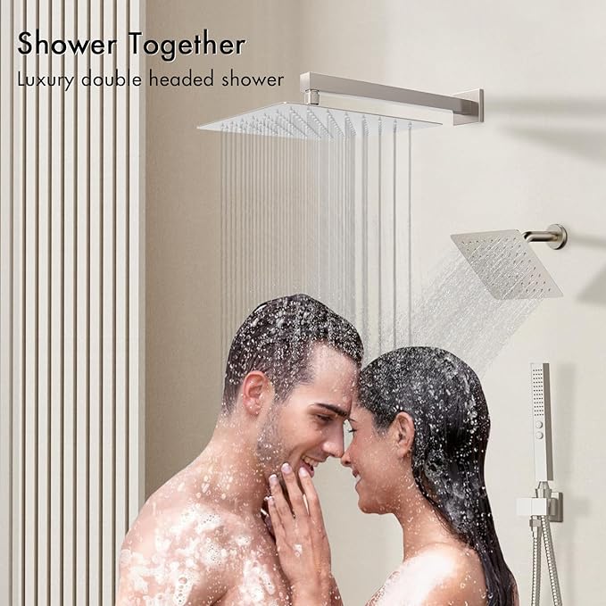 Thermostatic Shower System Wall Mounted, 12 inch Dual Shower Faucet Set with 8 inches Wall Mounted Shower Head, Push Button Diverter 3 Function Shower Head System with 2 in 1 Shower Handheld