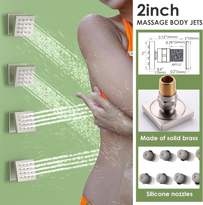 Enga Rain Shower System with Body Jets, 12" Ceiling Rain Shower, All Metal Multiple Shower Head System, Contain Rough-in Shower Valve, Brushed Nickel