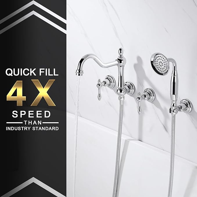 SUMERAIN Vintage Wall Mounted Bathtub Faucet with Hand Shower, High Flow Tub Filler Chrome Finish, Rough-in Valve Included