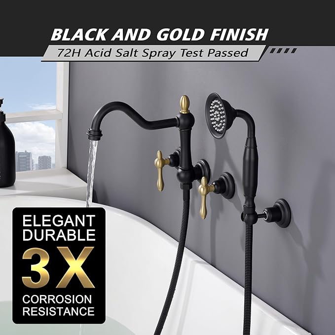 SUMERAIN High Flow Wall Mount Tub Filler, Vintage Bathtub Faucet with Sprayer and Rough-in Valve, Black and Gold Finish