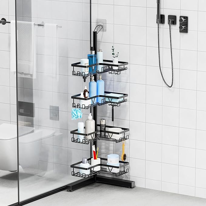 KEGII Corner Shower Caddy Standing – 4-Tier Shower Shelf Organizer with Hooks & Soap Holder, Free-Standing Bathroom Storage Rack for Shampoo & Toiletries, Black