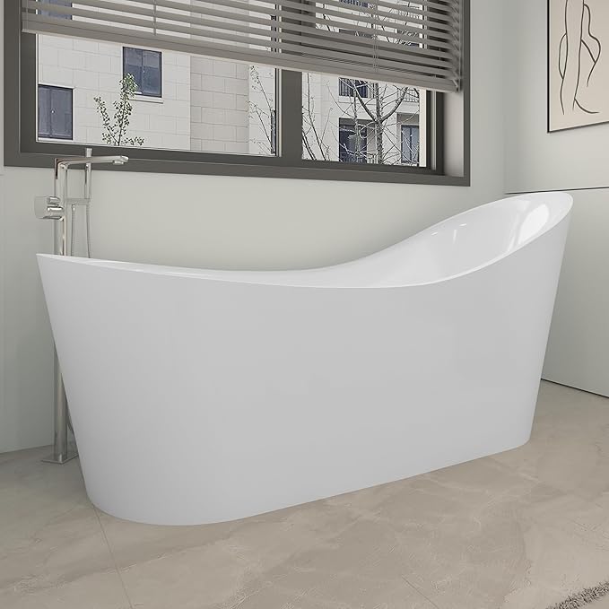 55" Freestanding Slipper Soaking Bathtub, WHALEKING Luxury Curve Edge Stand Alone Free Standing Deep Acrylic Tub with Chrome Overflow and Drain, Glossy White