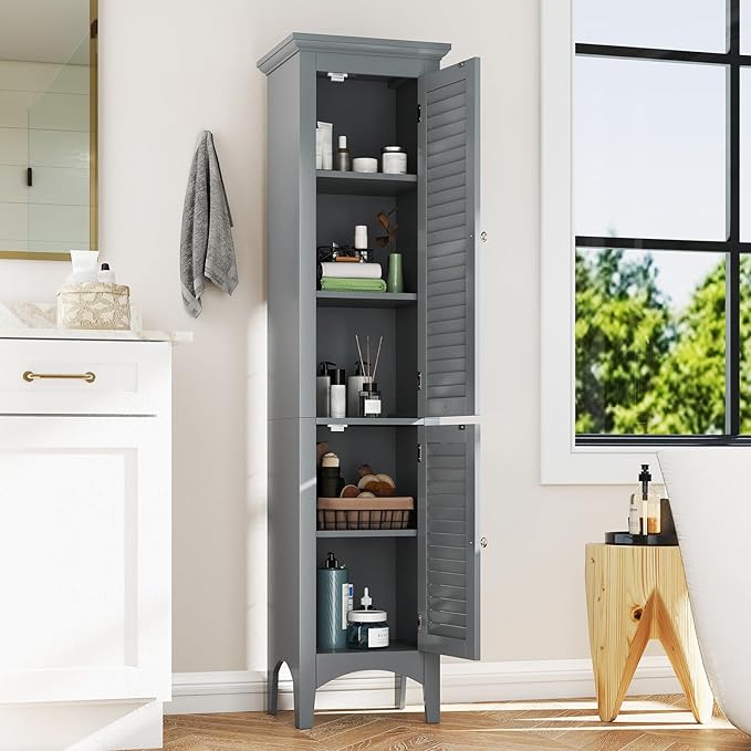 Tangkula 63" Tall Bathroom Storage Cabinet, Freestanding Narrow Linen Tower with Adjustable Shelf, Modern Slim Floor Cabinet with 2 Doors for Bathroom, Living Room, Kitchen (Grey)