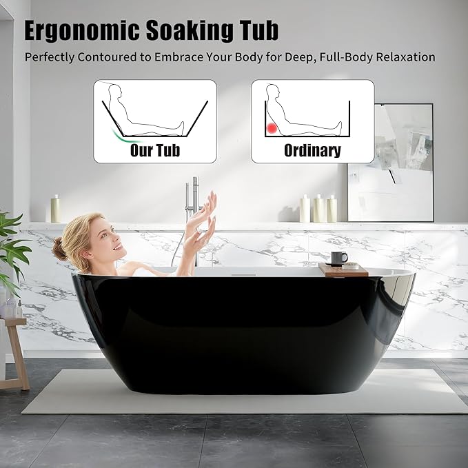 Freestanding Bathtubs 67 inch Acrylic Stand Alone Tub – Black Exterior White Interior, Chrome Drain, Deep Ergonomic Oval Soaking Tub, Modern Freestanding Tub for Bathroom, Family Use