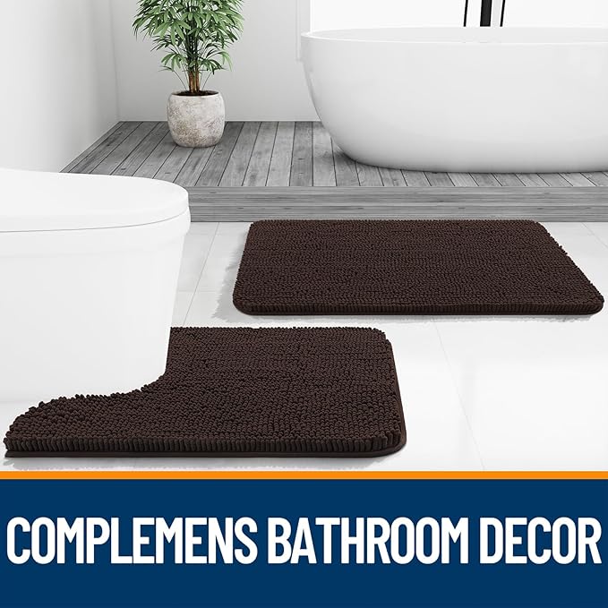 OLANLY Bathroom Rugs Sets 2 Piece, Soft Absorbent Chenille Bath Mats and U-Shaped Contour Toilet Mat Area Rug Set, Machine Washable Bath Carpet, Home Decor Accessories(36"x24"+24"x20", Brown)