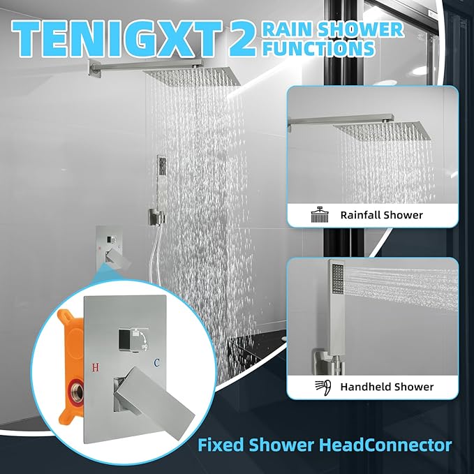 Bathroom Shower Faucet Set，10 Inch Rain Shower Head with Handheld Spray，Brass Shower Valve Trim Kit，Wall Mounted Square Rain Shower System (Brushed Nickel)