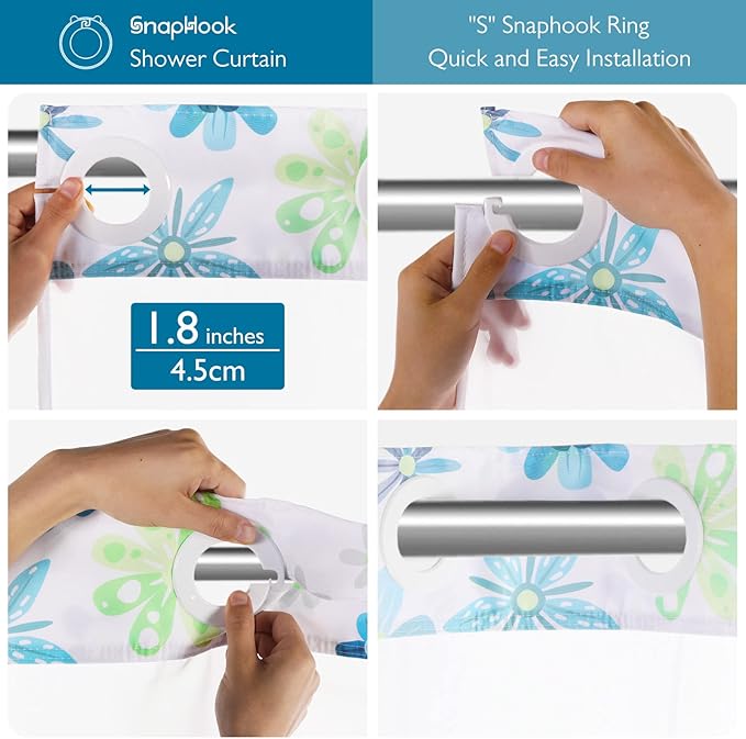 Lagute SnapHook Hook Free Fabric Floral Shower Curtain for Modern Bathroom with Snap-in Liner & See Through Top Window, Machine Washable | Hotel Grade, 71Wx74L, Green Daisy