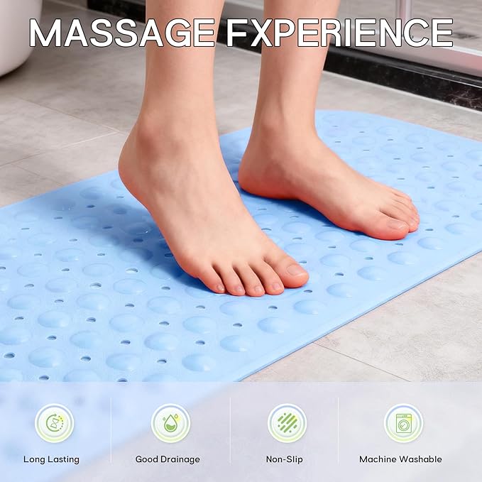 Anti-Slip Bathtub Shower mat, 39.3×15.7 inch（Approximately 100 × 40cm） Soft Oversized Machine Washable Non-Slip Bathtub mat with Drainage Holes, Bathroom Floor Suction Cup.（1-Opaque Light Blue）