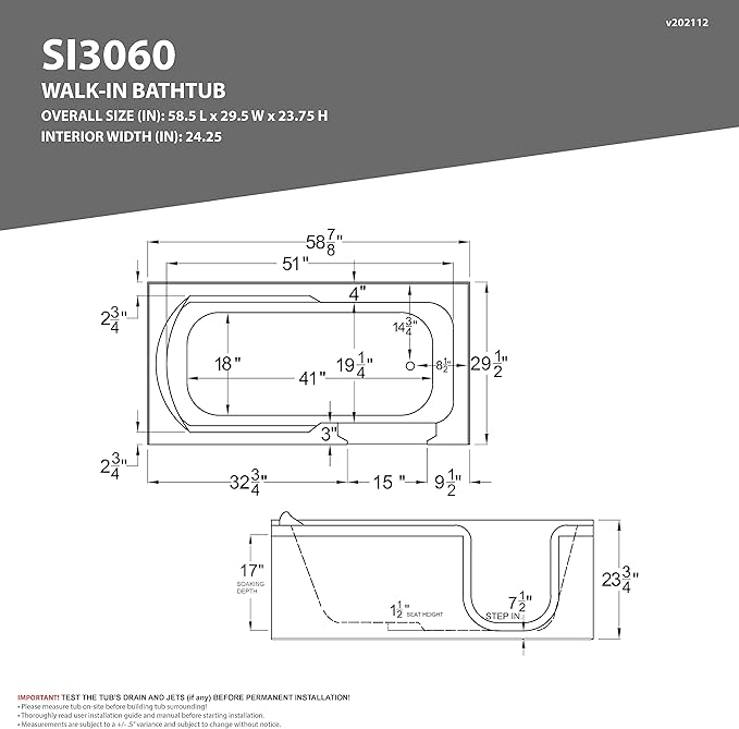 ANZZI Walk-In Tub 60'' x 30'' Acrylic, Left Drain, Easy Step Low Threshold, Non-Slip Floor, Modern Chrome Details, Glossy White Finish - 3060SILWS