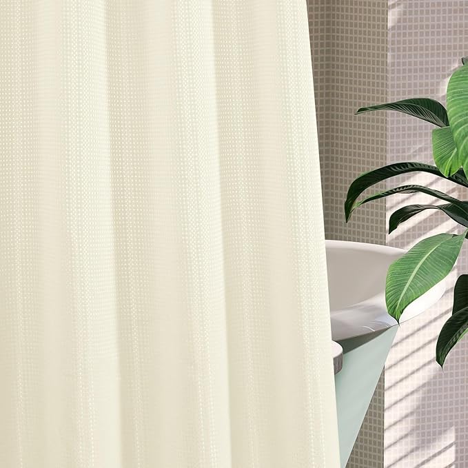 MitoVilla Ivory Waffle Small Stall Shower Curtain Liner Set 36 x 74, No Hooks Required Half Size Narrow Fabric Cloth Shower Curtain Set with Snap-in Liner for Modern Bathroom Decor, Ivory/Beige