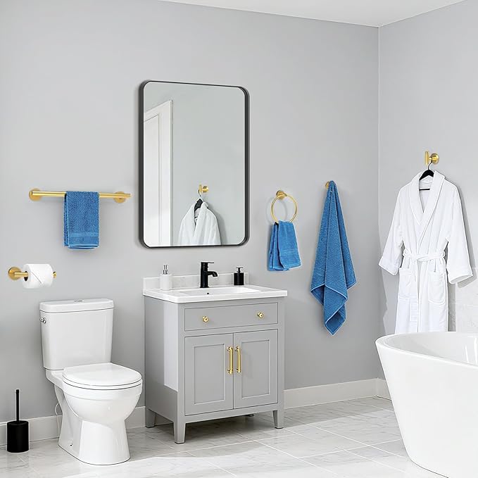 Brushed Gold Bathroom Accessories, Bathroom Hardware Set, SUS304 Stainless Steel Bathroom Towel Holder Set, 16 Inch Towel Bar Set 5 Pcs, 2 Towel Hooks, Toilet Paper Holder, Towel Ring