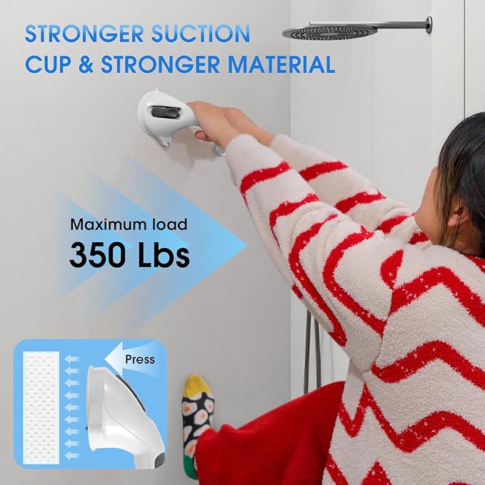 Suction Grab Bar with Safety Indicator for Bathtub Shower Bathroom, Heavy Duty Handrail Removable Reusable for Elderly disabled and Kids, Anti-Slip Grip, No Drilling Tool Free, Waterproof Black