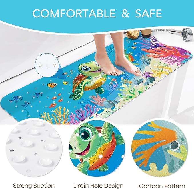 SHUCHING Baby Bath Mat for Tub Non Slip-40 X 16 Inch, Extra Long Kids Bathtub Mat Non Slip, Toddler Shower Mat for Bathroom, Sea Turtle
