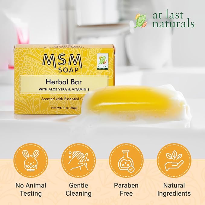 At Last Naturals MSM Soap Bar Body Soap for Men and Women Fine Line Wrinkle Reduction Herbal Moisturizer with Aloe Vera Vitamin E Essential Oils Deep Cleansing for Sensitive Skin 3 Ounce (Pack of 3)