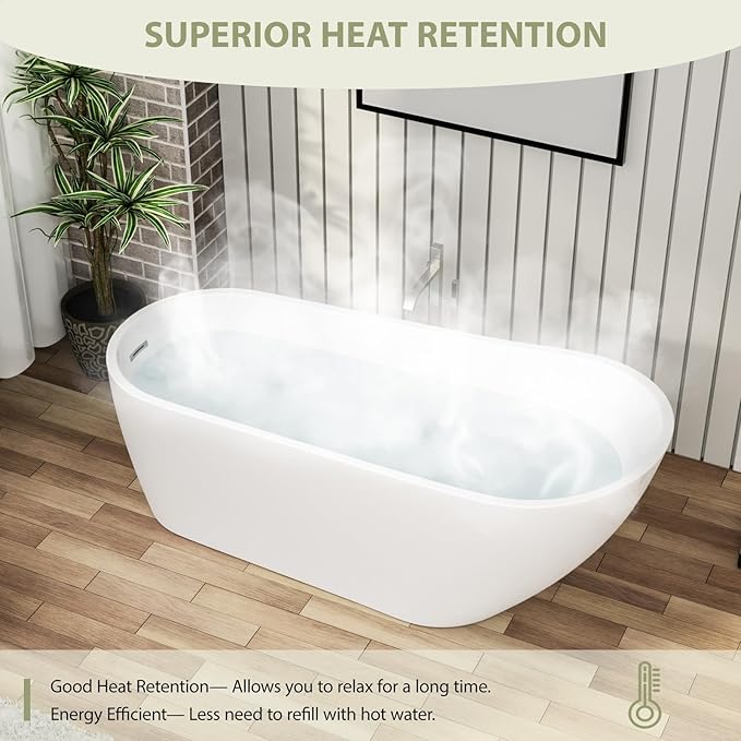 Mocoloo Freestanding Bathtub - 67 Inch Acrylic Stand Alone Soaking Bath Tub for Bathroom with a Right Overflow and Drain