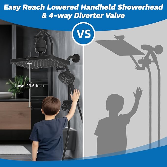 Hibbent 5-spray Dual Filtered Rainfall Shower Head Combo, High Pressure 13'' Showerhead with 10 Spray Mode Handheld, Easy Reach 4-way Diverter Shower Arm with Pause Mode, 71'' Hose and Holder, Black
