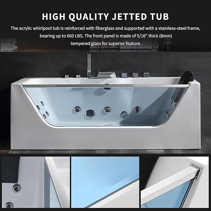 Empava 67" x 30" Whirlpool Tub,750W Acrylic Jetted Bathtub with 11 Jets,Hydromassage with Chromatherapy,3-Side Apron,67 Gallons,ETL Certified
