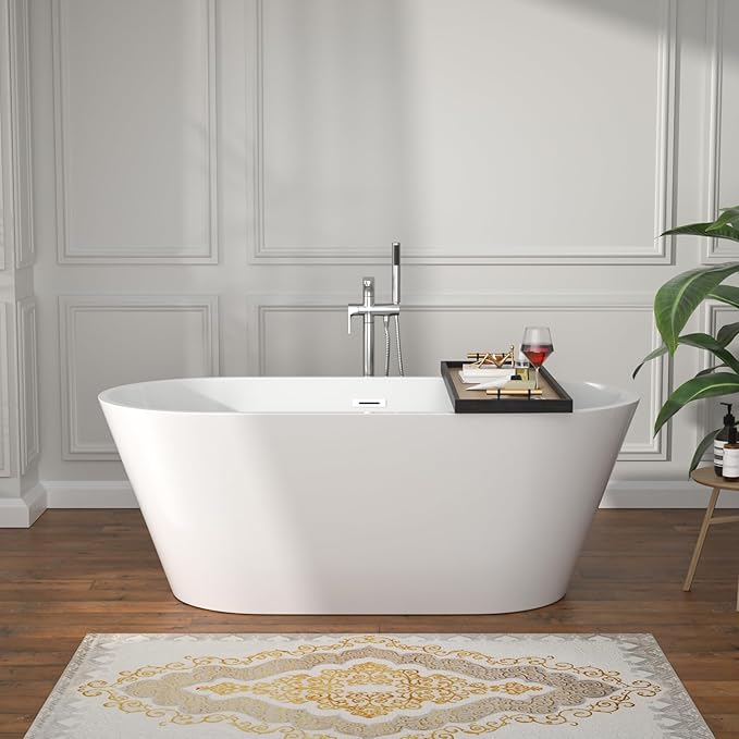 59 Inch Freestanding Acrylic Bathtub White Roll Top Soaking Tub with Gold Drain Glossy Finish for Elegant Bathroom Style, YSB9220