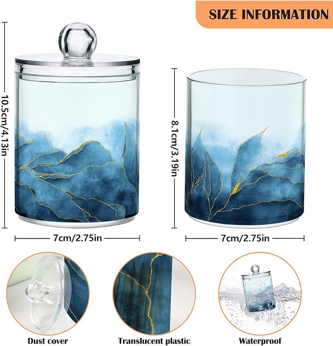 4 Pack Qtip Holder Organizer Dispenser Blue Watercolor Marble Bathroom Containers Bathroom Vanity Storage Canister Apothecary Jars for Cotton Swabs/Pads/Floss