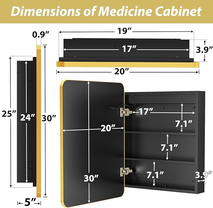 APRILSOUL 20X30 Inch Gold Bathroom Medicine Cabinet with Mirror, Recessed or Surface Lighted Medicine Cabinet with 3 Colors Temperature, Dimmable Light