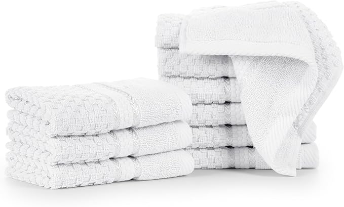 Ample Decor Christmas White Wash Cloth Set of 10 100% Cotton - Popcorn Textured - Mulaayam Collection - 12 X 12 Inch