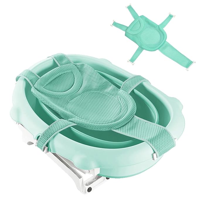 Baby Bath Seat Support Net Soft Headrest Baby Bath Cushion Pad, Breathable Newborn Infant Bathtub Shower Mesh Mat, Adjustable Shower Pad Portable Anti-Slip Bath Sling 0-18 Months, Green (No Bathtub)