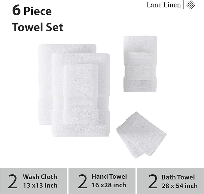 LANE LINEN Towel Set of 6 – 100% Mercerized Cotton, Zero Twist, 2 Large Bath Towel, 2 Hand Towels & 2 Wash Cloths, Quick Dry & Long-Lasting, Perfect for Family Bathrooms, Easy Care – White Towels