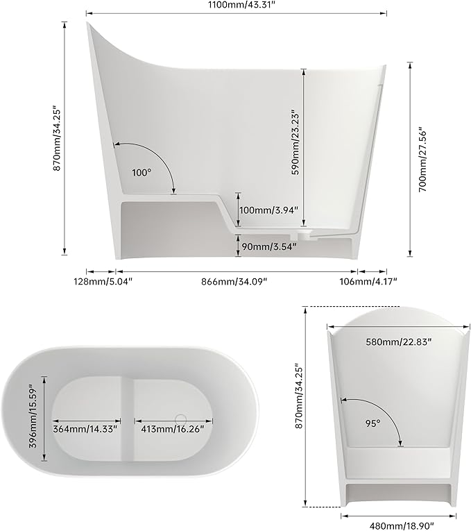 43" Stone Resin Janpanese Soaking Tub, Freestanding Deep Soaking Bathtub with Seat Desgin,Toe-tap Chrome Right Drain, Slotted Overflow, cUPC Certified, in Matte White AMG026-1100
