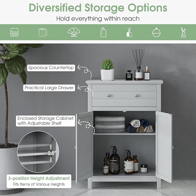 LOKO Bathroom Floor Cabinet, Kitchen Storage Cabinet with 1 Drawer, 2 Doors & 3-Position Adjustable Shelf, 2-Door Floor Storage Cabinet for Bathroom, Living Room, Entryway (Grey)