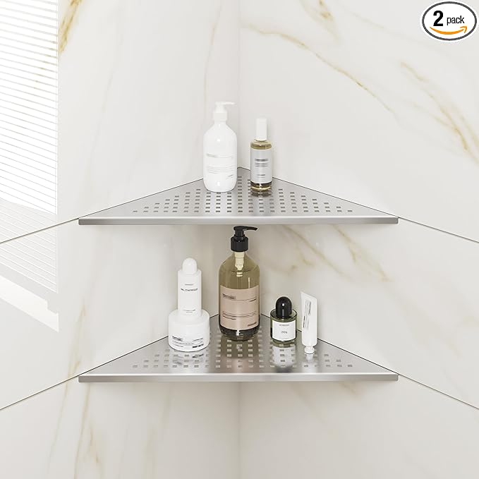 FerdY 2-Pack 10" Brushed Nickel Recessed Corner Shower Shelf, for Tiled Bathroom Walls, 304 Stainless Steel Floating Shower Shelf, Shower Caddy Storage Shelves, No Drilling Required, Point Triangle