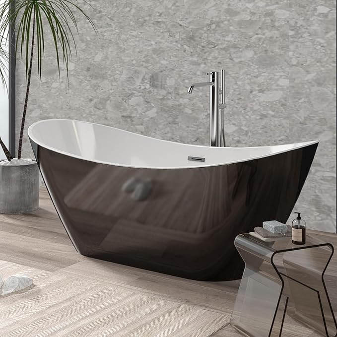 59 Inch Freestanding Acrylic Bathtub, Modern Soaking Tub with Chrome Overflow & Drain, CUPC Certified, Deep Soaking Design for Luxurious Spa Experience, Contemporary Bathroom Centerpiece