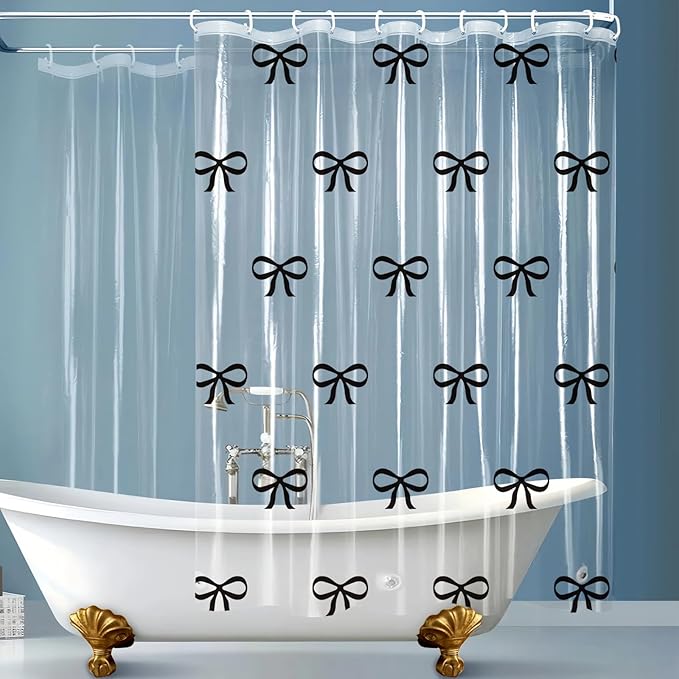 Clear Cute Black Bow Shower Curtain Liner, Plastic Transparent Girly Fancy Shower Curtain, Aesthetic Preppy Shower Curtain Bow Bathroom Decor for Women, 72x78 Shower Curtain Set with Magnets 12 Hooks