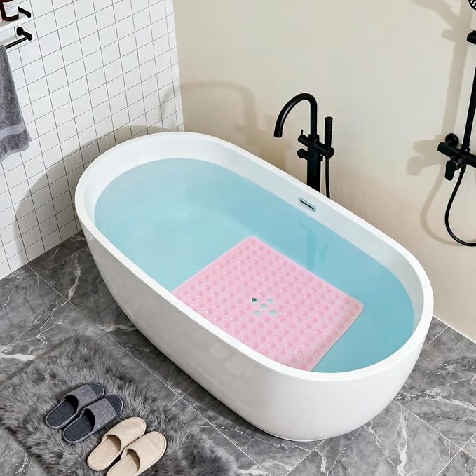 Anti-Slip Bathtub Shower mat, 20.8×20.8（Approximately 53×53cm） inch Soft Oversized Machine Washable Non-Slip Bathtub mat with Drainage Holes, Bathroom Floor Suction Cup.（1-Clear Pink）