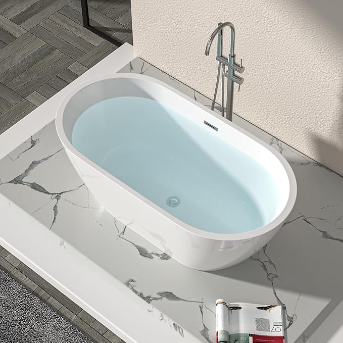 Logmey 59 Inch White Acrylic Freestanding Bathtub with Overflow Oval Shape Soaking Tub for Classic and Modern Bathrooms Chrome, Drain & Overflow Assembly Included