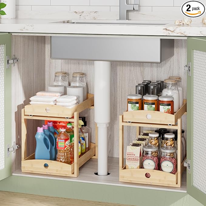 Bamboo Wood Under Sink Organizer 1 Pack, Pull Out Cabinet Organizer 2 Tier Under Sink Organizers and Storage with Sliding Drawer Sturdy Easy Assembly for Kitchen Bathroom Undersink (Nature, 2 Packs)